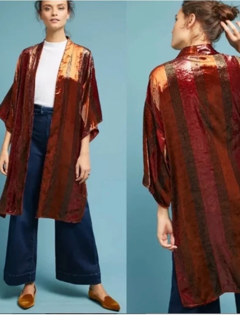 Anthropologie ett twa - Velvet Stripe Kimono in Rust and Copper xs/s